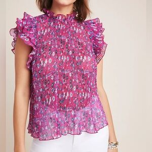 Anthropologie Frieda Flutter Sleeve Pleated Mock Neck Floral Boho Ruffle Blouse
